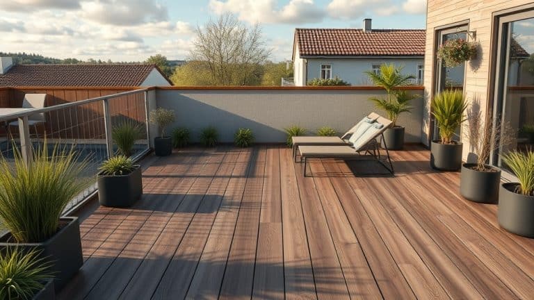 Terrasse en bois avec mobilier de détente, plantes en pot et vue sur le ciel et les maisons environnantes.