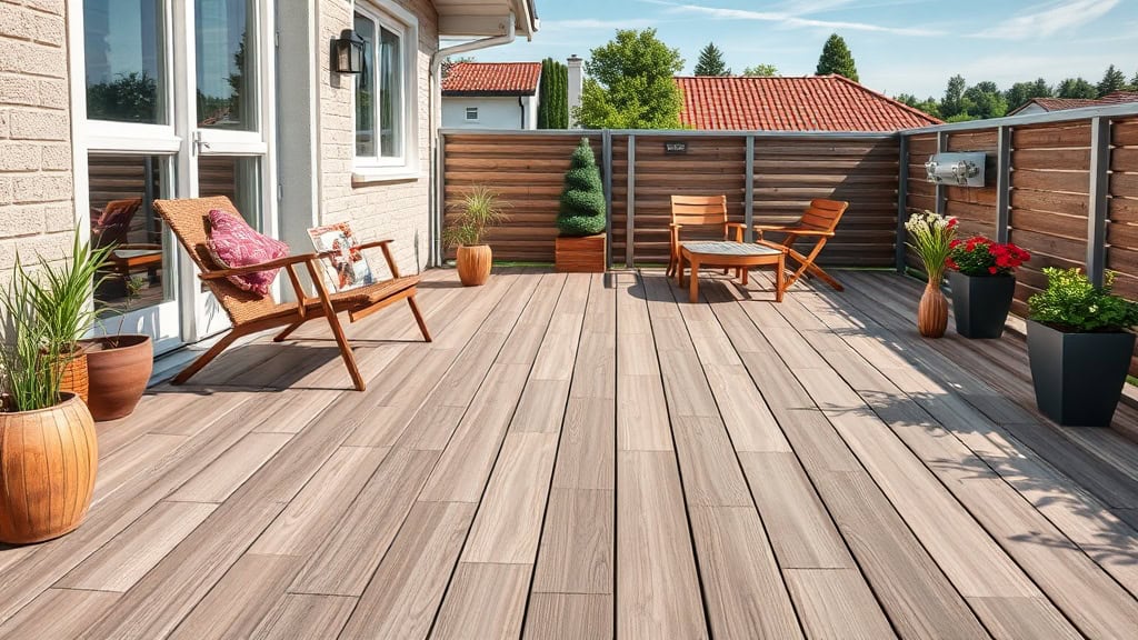 Terrasse en bois avec mobilier extérieur, plantes en pot et vue sur le jardin, idéale pour détente et repas en plein air.