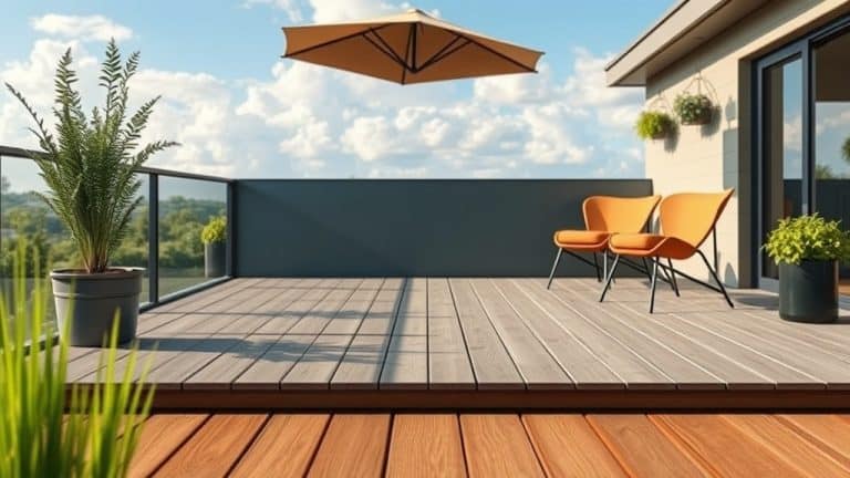Terrasse en bois avec parasol, fauteuils orange et plantes en pot, vue panoramique en arrière-plan.