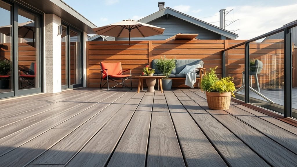 Terrasse en bois moderne avec mobilier extérieur, parasol et plantes, vue sur le ciel bleu et les maisons voisines.