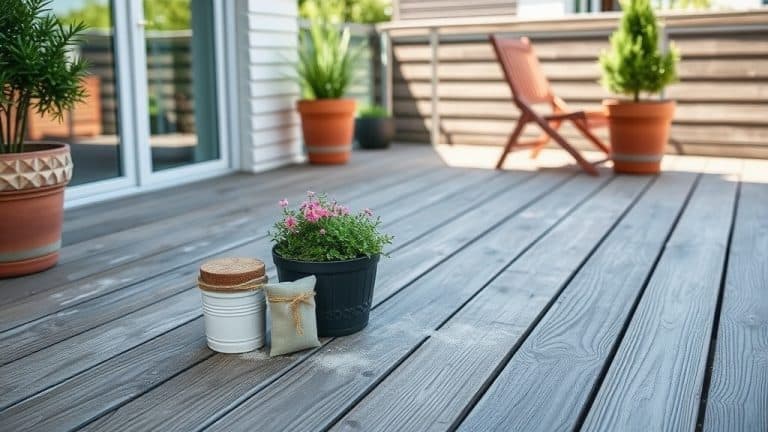 Terrasse en bois avec plantes en pot, chaise en bois et décorations d'extérieur pour un espace détente.