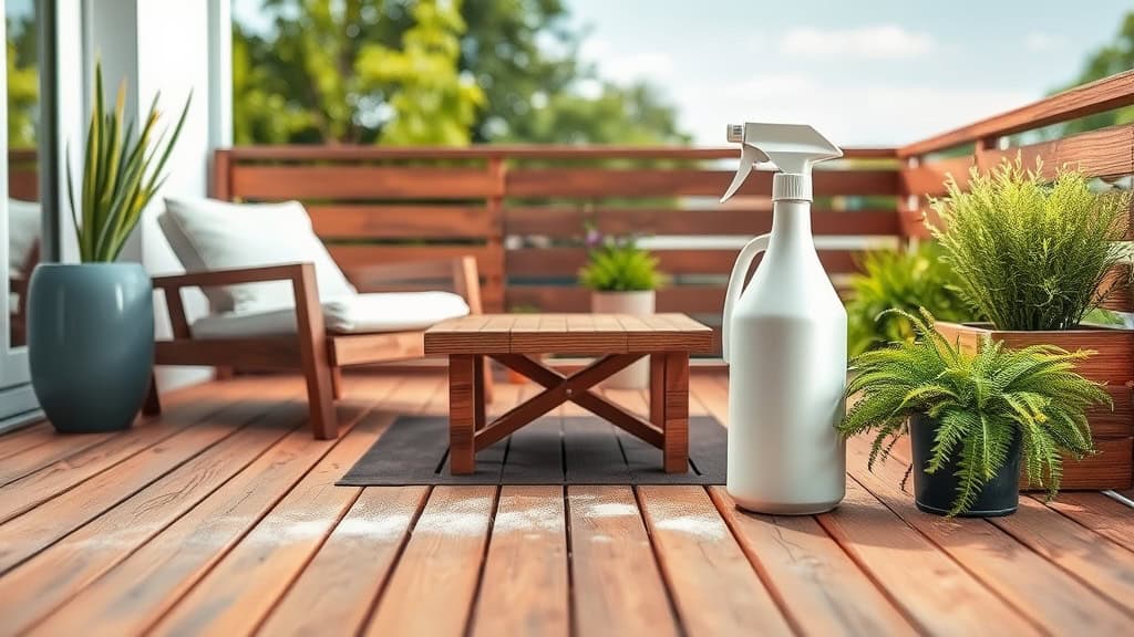 Terrasse en bois avec mobilier extérieur, plantes vertes et vue sur la nature, idéale pour détente et repas en plein air.