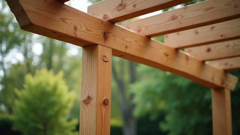Structure de pergola en bois avec poutres apparentes, idéale pour un espace extérieur convivial.