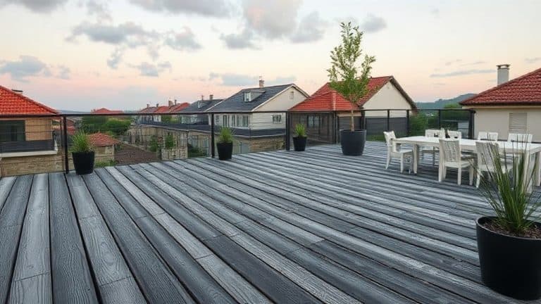 Terrasse en bois avec mobilier de jardin et plantes en pots, vue sur le quartier résidentiel au coucher du soleil.
