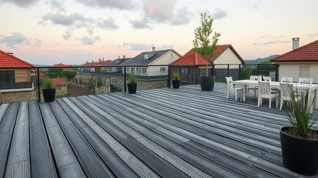 Terrasse en bois avec mobilier de jardin et plantes en pots, vue sur le quartier résidentiel au coucher du soleil.